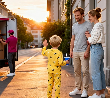 Ein dingx-Kurier belädt einen Lieferwagen, während eine Familie vom Trottoir winkt