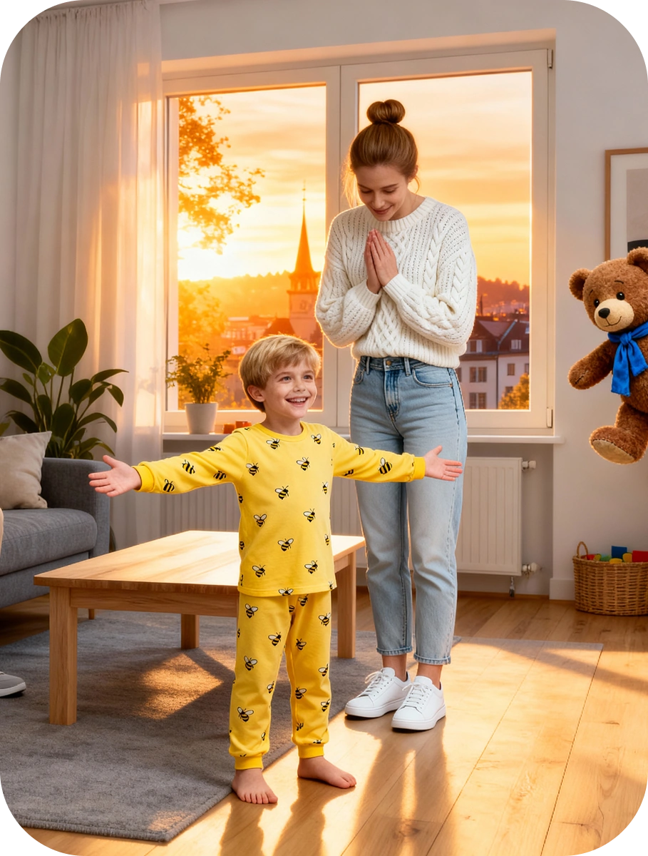 Mutter und Kind zuhause bei Sonnenuntergang