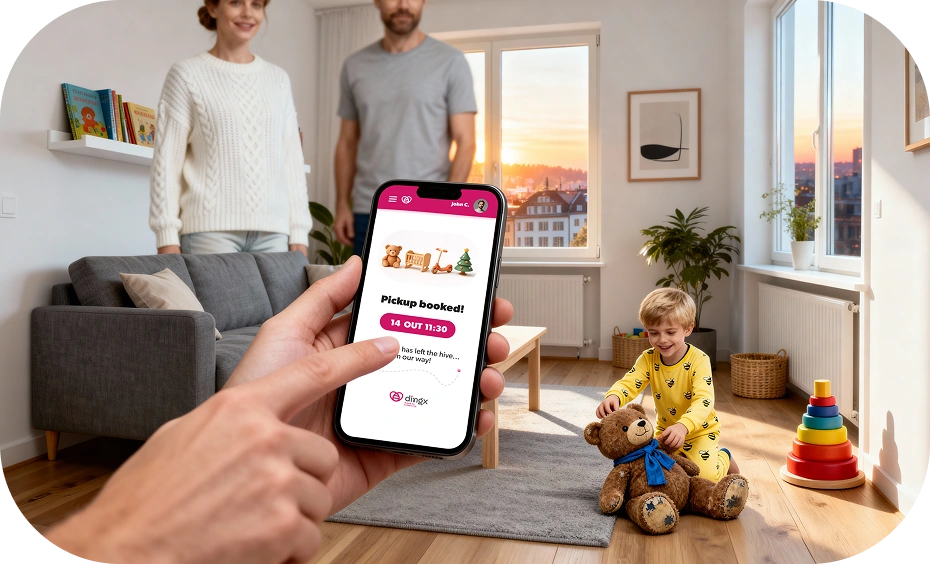 Eine Hand hält ein Smartphone mit der Abholbestätigung in der dingx-App