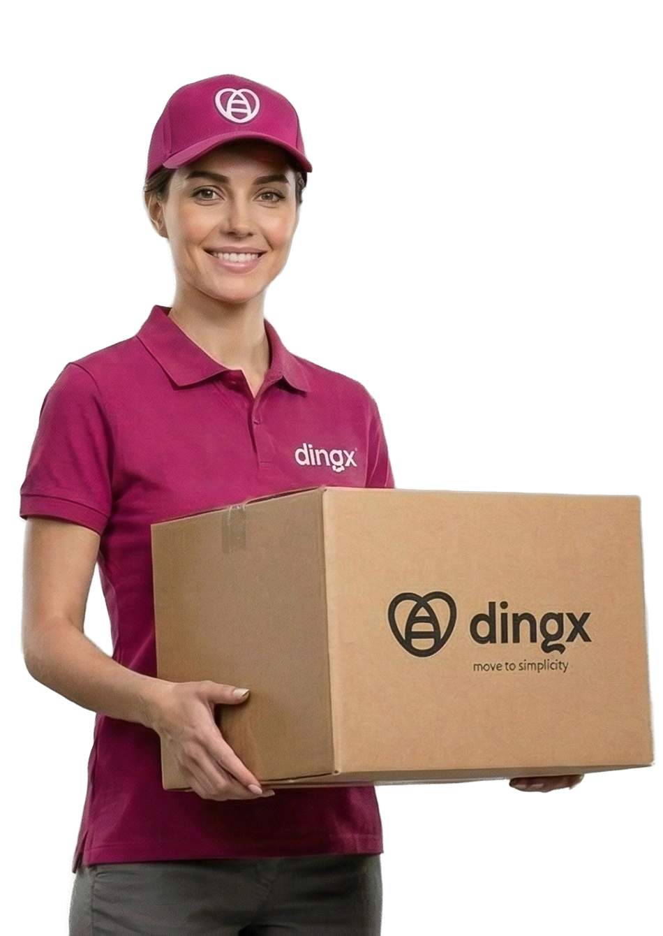 Ein lächelnder dingx-Kurier mit einer dingx-Box in den Händen