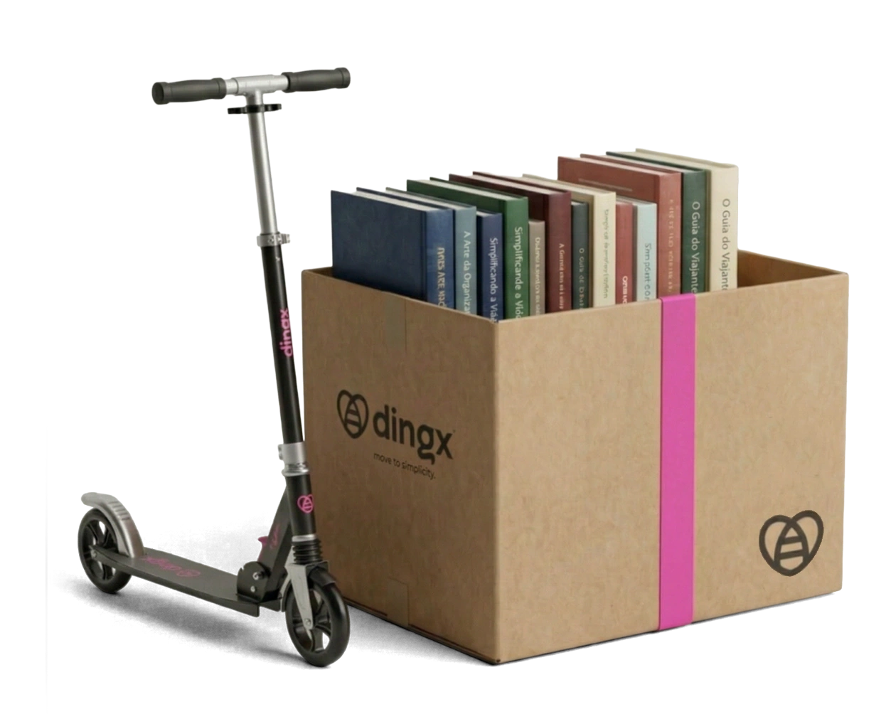 Eine dingx-Box mit persönlichen Dingen neben einem Trottinett