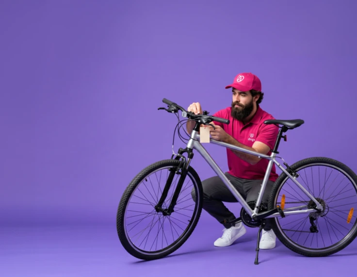 Ein dingx-Kurier etikettiert ein Velo vor der Einlagerung