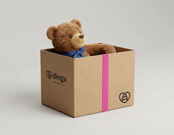 Ein Teddybär in einer dingx-Schachtel, bereit zur Weitergabe